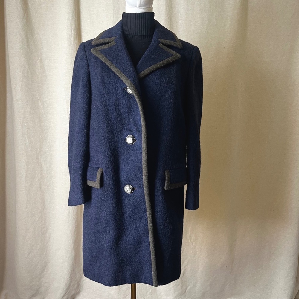 Vintage Lodenfrey Austrian Wool Coat Navy Green Trim Eagle Buttons Size M